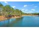 Beautiful view of the pond with large trees and a wooden dock at 866 Lakemont Dr, Canton, GA 30114