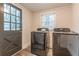 Convenient laundry room with modern washer and dryer, plus natural light from a nearby window and back door at 1472 North Nw Ave, Atlanta, GA 30318