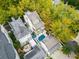 Aerial shot of the property highlighting the pool, outdoor living space, and lush surrounding greenery at 301 Abercorn Sq, Peachtree City, GA 30269