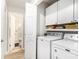 Bright laundry room featuring a white washer and dryer set, storage cabinets, and modern finishes at 2057 Bixler Cir, Decatur, GA 30032