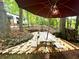 Shaded backyard picnic area with a wooden table and brick paver base at 525 S Lost Lake Cv, Villa Rica, GA 30180