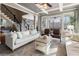 Inviting living room featuring coffered ceilings, fireplace, neutral decor and an adjacent staircase at 4420 Little Falls Dr, Cumming, GA 30041