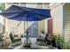 Cozy patio area with a blue umbrella and rocking chairs, perfect for outdoor relaxation and entertaining at 3831 Austin Park Ln, Decatur, GA 30032
