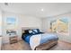 Bright bedroom features a wooden bed frame, plush blue bedding, and two windows at 579 Magnolia Cir, Palmetto, GA 30268