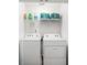 Laundry room with appliances and storage shelf with cleaning and paper products at 579 Magnolia Cir, Palmetto, GA 30268