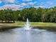 Scenic lake with a fountain surrounded by lush greenery and mature trees under a partly cloudy blue sky at 907 Fox Croft Pl, Canton, GA 30114