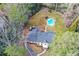 A captivating aerial view of a home with a backyard pool surrounded by lush foliage at 805 Wesley Oak Rd, Atlanta, GA 30328