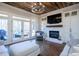 Bright living room boasts custom wood ceiling, fireplace, and French doors leading to deck at 4095 Copper Leaf Ln, Cumming, GA 30040