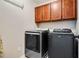 Laundry room with front loading washer and dryer and cabinets above at 2600 Reece Farms Sw Trl, Powder Springs, GA 30127