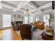 Cozy living room featuring a fireplace, coffered ceiling, and comfortable leather seating at 1677 Angelica Ct, Lawrenceville, GA 30043