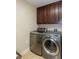 Modern laundry room featuring front-load washer and dryer and storage cabinets at 950 Brook Knoll Ln, Cumming, GA 30041