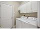 Convenient laundry room with white washer, dryer, and upper cabinets for storage at 6445 Glen Oaks Ln, Sandy Springs, GA 30328