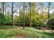 Secluded backyard featuring a mix of mature trees, manicured lawn, and tasteful landscaping at 5525 Whitner Dr, Sandy Springs, GA 30327