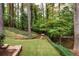Lush backyard featuring a serene, landscaped garden with a bench, stone pathway, and mature trees at 5525 Whitner Dr, Sandy Springs, GA 30327