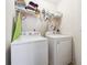 Functional laundry room with a washer, dryer, and shelving for storing laundry supplies and towels at 2403 Brianna Dr, Hampton, GA 30228