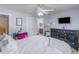 Bedroom with blue walls featuring a queen bed, TV, and a door that leads to the bathroom at 1258 Mcallistar Dr, Locust Grove, GA 30248