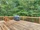 Wooden deck with wood railing and a grill, surrounded by lush green trees at 1258 Mcallistar Dr, Locust Grove, GA 30248