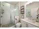 Bathroom with shower, white vanity, and stylish decor accents at 364 Concord St, Alpharetta, GA 30009