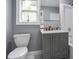 Cozy bathroom features a gray vanity, marble countertops, and modern fixtures at 10664 Sandpiper Road Rd, Jonesboro, GA 30238