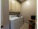 Efficient laundry room with full-size washer and dryer and overhead storage cabinets at 1030 Silver Thorne Dr, Loganville, GA 30052