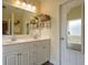 Bright bathroom with double sink vanity, storage shelves, and white cabinetry at 7045 Shane Ln, Cumming, GA 30028