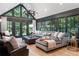 Bright living room with vaulted ceiling, chandelier, large windows, and comfortable seating at 2231 Fairoaks Rd, Decatur, GA 30033