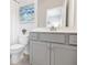 Cozy bathroom featuring a gray vanity, white countertop, and beach-themed decor at 6785 Pippin Walk, Alpharetta, GA 30005