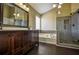 Beautiful bathroom with a double vanity, soaking tub, and a walk-in glass shower at 3028 Hallman Cir, Marietta, GA 30064