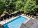 Aerial view of the community pool area with lounge chairs and mature trees at 1552 Mosaic Way, Smyrna, GA 30080