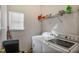 This laundry room features a washer and dryer, a window with blinds, and shelves at 6153 Idlewood Pass, Lithonia, GA 30038