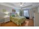 This cozy bedroom offers a tray ceiling, a ceiling fan, and a window bringing in natural light at 3966 Covey Flush Sw Ct # 20, Smyrna, GA 30082