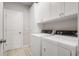 Clean laundry room featuring modern washer and dryer, ample storage, and convenient door access at 11 Ganel Ln, Alpharetta, GA 30009