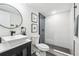 Modern bathroom features a stylish vanity with vessel sink and a sleek glass-enclosed shower with gray tile at 176 Rhodesia Se Ave, Atlanta, GA 30315