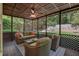 Cozy screened-in porch featuring wicker furniture and a fan, overlooking a private fenced-in backyard at 4580 Windsor Park Place, Atlanta, GA 30342