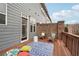 Cozy back deck area with blue rug, chairs, pillows and brick siding at 1670 Sabastian Ne Pt, Atlanta, GA 30329