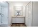Bathroom features granite countertop vanity, walk-in shower with glass door and fresh neutral paint at 1838 Nicole Ln, Lithonia, GA 30058