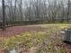 Fenced backyard covered in moss and leaves, surrounded by mature trees at 1281 Bugle Ct, Hampton, GA 30228