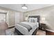 Cozy bedroom featuring a comfortable bed with gray headboard and modern light fixture at 3263 Dodson Dr, Atlanta, GA 30344