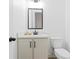 Cozy powder room featuring a stylish vanity, marble countertop, and neutral finishes at 508 Price Rd, Carrollton, GA 30116