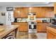 Well-lit kitchen with wooden cabinets, stainless steel oven, and white subway tile backsplash at 2295 Hemrick Rd, Cumming, GA 30041