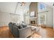 Living room featuring hardwood floors, vaulted ceilings, fireplace, and comfortable seating at 9470 Dominion Way, Alpharetta, GA 30022