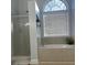 Bathroom featuring tiled surround, a shower, and a large window at 1507 Smithfield Dr, Mcdonough, GA 30252