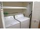 Bright laundry room with white washer and dryer, shelving and white louvered doors at 575 Midland Park Dr, Stone Mountain, GA 30087