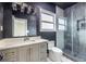 Modern bathroom featuring dark walls, white countertops and a glass enclosed shower at 1466 Venetian Sw Dr, Atlanta, GA 30311
