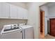 Bright laundry room with white cabinets and modern washer and dryer units at 1675 Water Vista Ct # 4501, Cumming, GA 30041