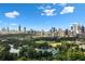 Expansive aerial view of downtown featuring a city skyline, lush green spaces, and a serene lake at 343 8Th Street Ne # E2, Atlanta, GA 30309