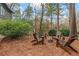 An outdoor seating area with four wooden chairs surrounds a fire pit on a bed of pine straw at 4230 N Elizabeth Se Ln, Atlanta, GA 30339