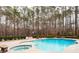 Beautiful backyard pool and spa with a lush treeline backdrop, and a small area for seating at 3201 Hobsons Ridge Nw Trl, Acworth, GA 30101
