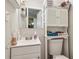 Cozy bathroom featuring a white vanity, mirror, and storage cabinet at 1610 Elm Ne St, Conyers, GA 30012