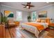 Bedroom with hardwood floors, two windows, ceiling fan, and neutral-colored walls at 970 Winding Creek Trl, Atlanta, GA 30328